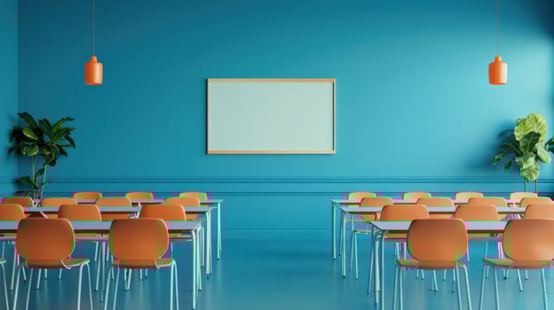 A classroom with a white board and orange chairs. The room is empty and the walls are blue photo