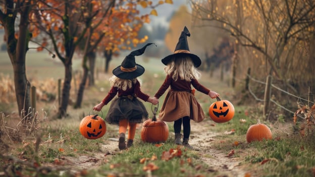 Two young girls are walking down a path holding pumpkin baskets. The scene is set in a forest with trees and leaves on the ground. Scene is playful and festive photo