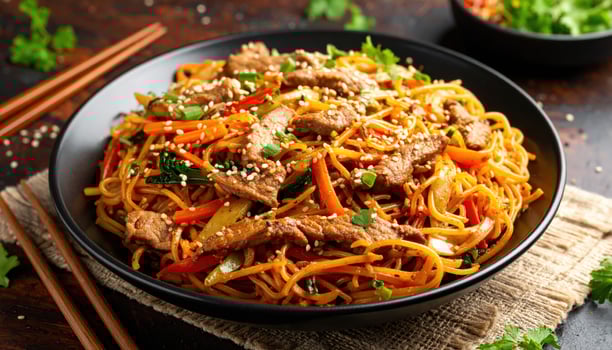 Close-Up of Beef Lo Mein Dish photo