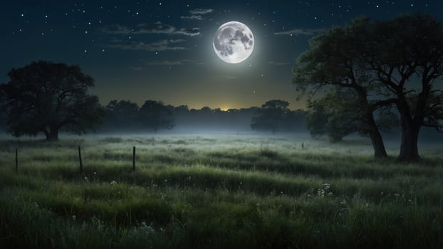 Serene night landscape with a full moon illuminating a misty meadow surrounded by trees photo