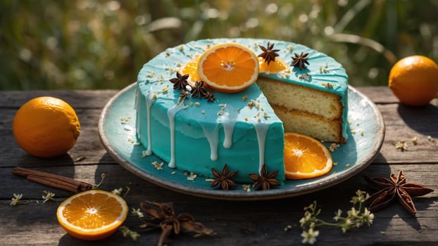 Vibrant blue frosted cake adorned with orange slices and spices, set outdoors on a rustic table photo