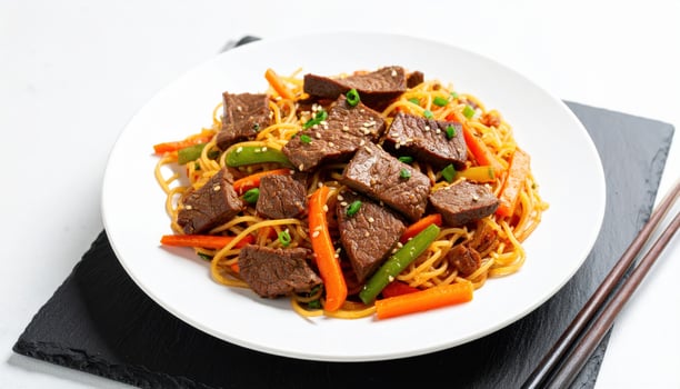 Beef stir-fry with noodles and vegetables photo