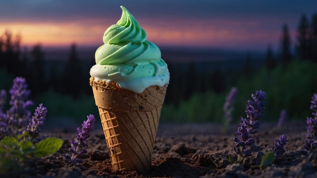 A vibrant ice cream cone with green swirl atop sits in a natural setting at sunset with flowers photo