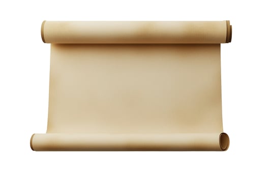 Blank vintage paper scroll isolated on white background, unrolled antique parchment texture. photo