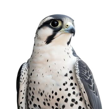 A close up of a falcon with black and white spots photo