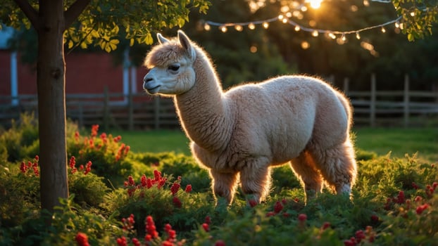 A serene alpaca stands gracefully amidst vibrant flowers at sunset, with soft lighting and a peaceful farm background photo