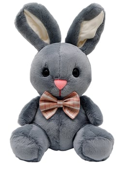 Cute Gray Plush Bunny Toy with Plaid Bow Tie Sitting on White Background photo