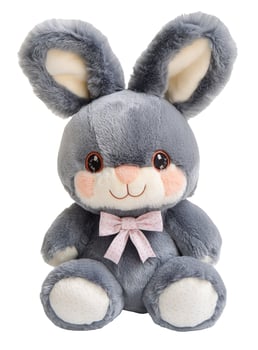 Cute grey plush bunny toy with pink bow, soft texture, and large eyes, isolated on white background. photo