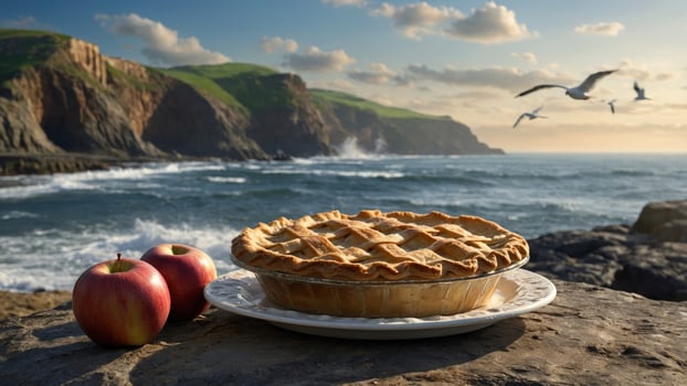 Scenic coastal view featuring a freshly baked apple pie on a plate with apples, against a backdrop of cliffs and seagulls photo