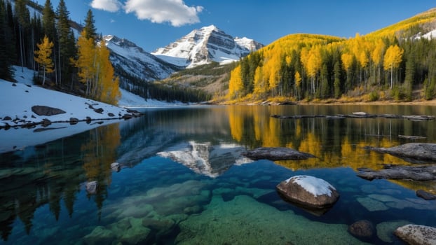 Serene mountain lake reflecting autumn trees and snow-capped peaks under a clear blue sky photo