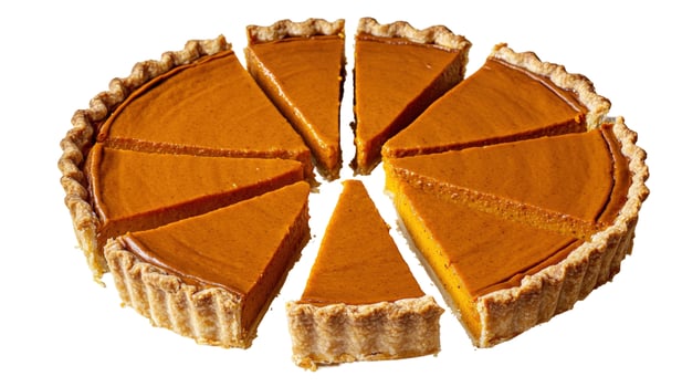 Delicious Pumpkin Pie Cut into Slices on White Background photo