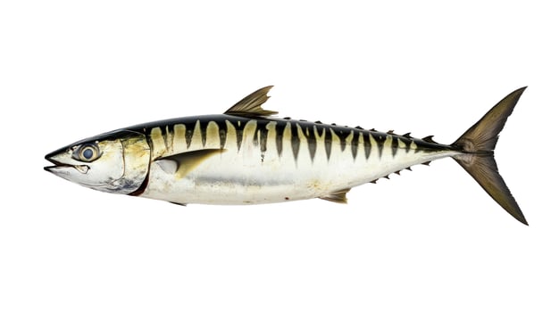 Fresh Atlantic Mackerel Fish with Distinct Dark Stripes, Isolated on a Clean White Background photo