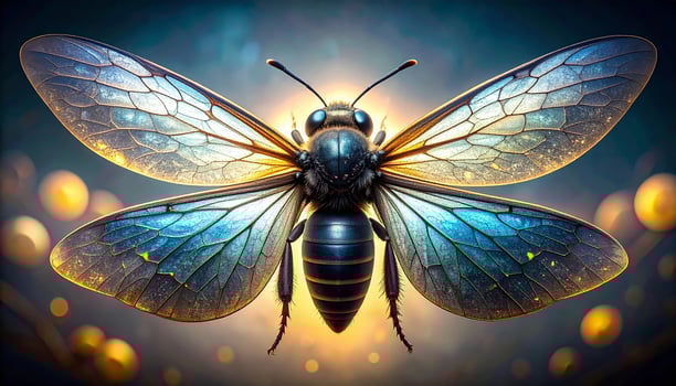 Majestic Bee with Luminous Iridescent Wings Bathed in Golden Light photo