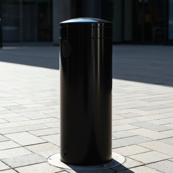 Sleek Black Bollard on Paved Walkway with Architectural Background photo