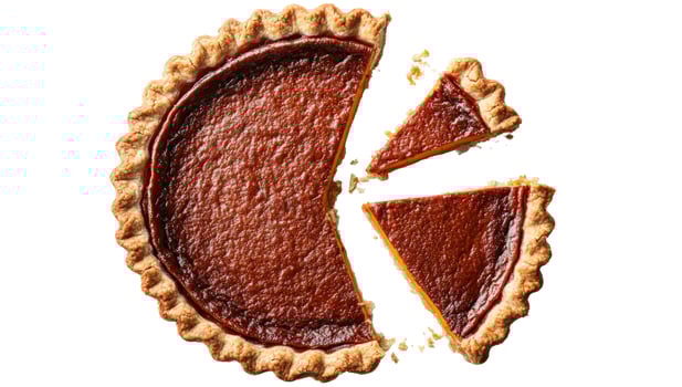 Homemade Pumpkin Pie with Two Slices Cut Out, Isolated on White Background, Top View photo