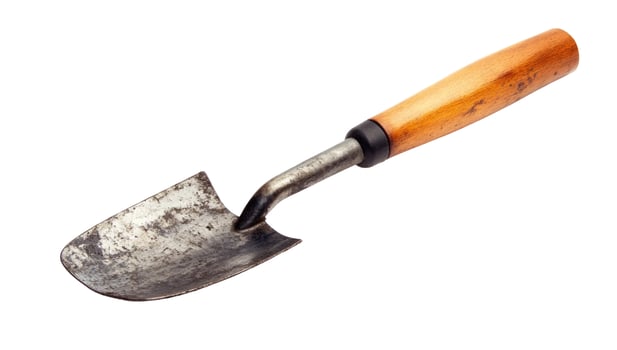 Old Rustic Garden Trowel with Wooden Handle Isolated on White Background photo
