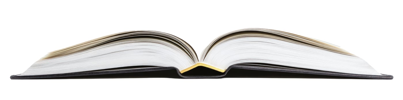 Open book with black cover and golden pages isolated on white background photo