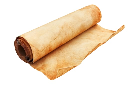 Old Textured Parchment Scroll Partially Unrolled, Isolated on White Background photo
