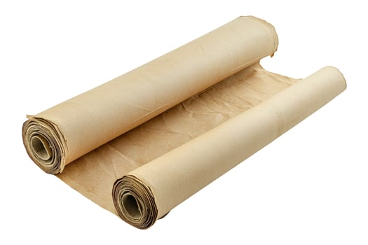 Textured old brown paper rolls unrolled, isolated on white background photo