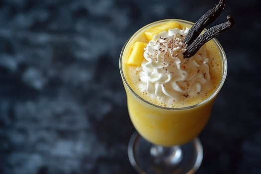 A yellow mango smoothie topped with whipped cream, fruit, and vanilla beans in a stemmed glass photo