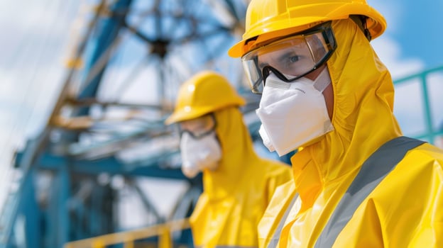 Two men in yellow protective gear stand next to each other. One of them is wearing a yellow jacket photo