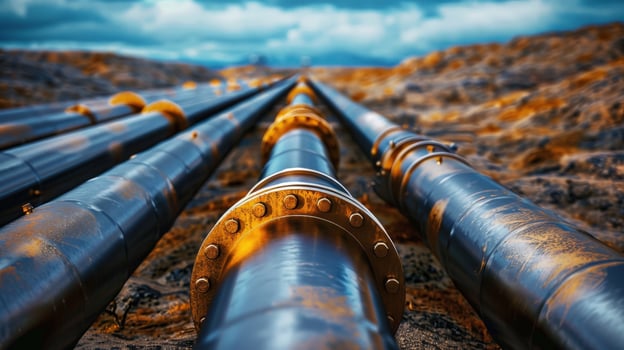 A long line of pipes are shown in a landscape photo