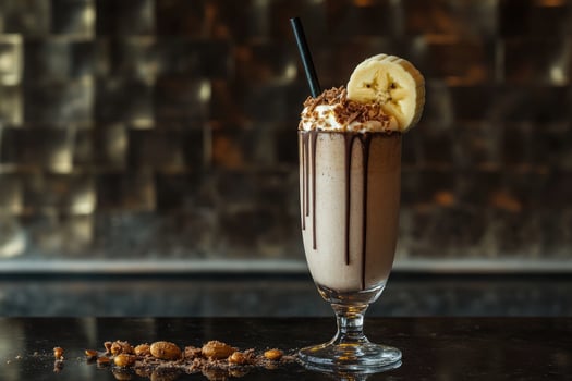 A delicious banana milkshake with chocolate syrup and whipped cream, garnished with banana slice photo
