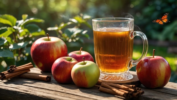 Apple cider with cinnamon and apples on a wooden table photo