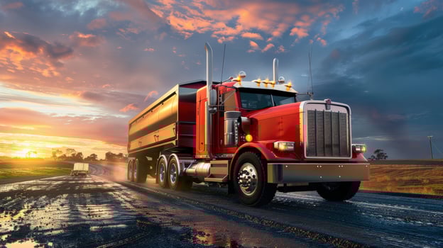 A red semi truck is driving down a road with a sunset photo