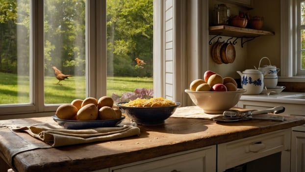 Cozy kitchen scene with bowls of fruits and pasta on a rustic table, sunlight streaming through windows, chickens in the garden photo