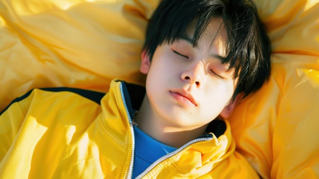 A young boy is sleeping on a yellow blanket photo