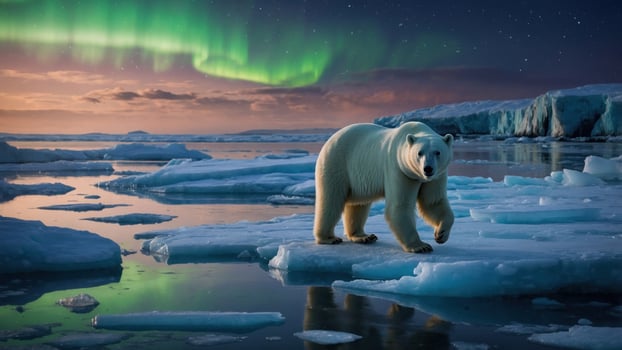 Majestic polar bear walking on ice floes under the vibrant northern lights at twilight photo