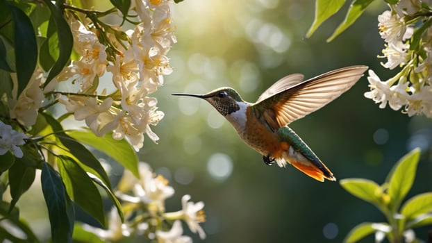 Hummingbird hovering near white flowers in a sunlit garden, showcasing nature's beauty and serenity photo