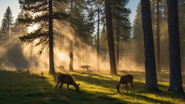 Serene forest scene at dawn with deer grazing amidst misty trees and sunlight filtering through photo