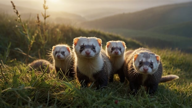 A group of four playful ferrets exploring a lush green hillside at sunrise, with misty mountains in the background photo