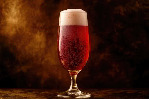 A glass of rich amber beer with a thick frothy head, presented in a stylish glass photo