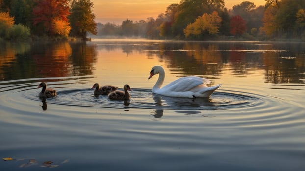 Serene autumn scene of a swan and ducklings swimming in a tranquil lake surrounded by colorful foliage photo