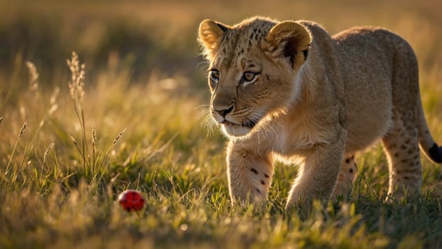 Playful lion cub exploring a vibrant grassland while curiously approaching a red ball during sunset photo