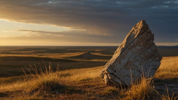 Majestic sunset over a vast landscape with a solitary rock formation in the foreground photo