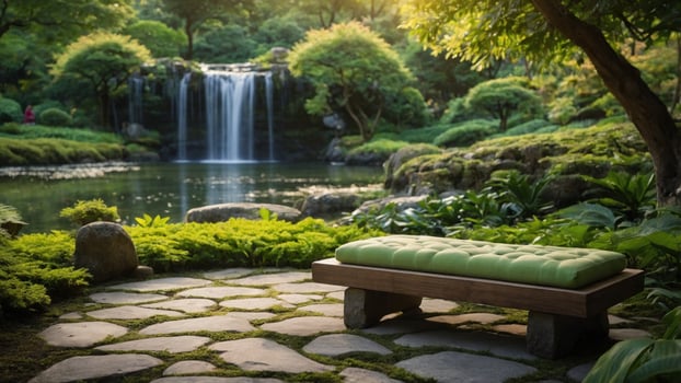 Serene garden scene featuring a green bench beside a tranquil pond with a waterfall, surrounded by lush greenery photo