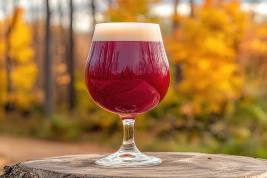A glass of red ale beer sits on a wooden surface with autumn foliage in the background photo
