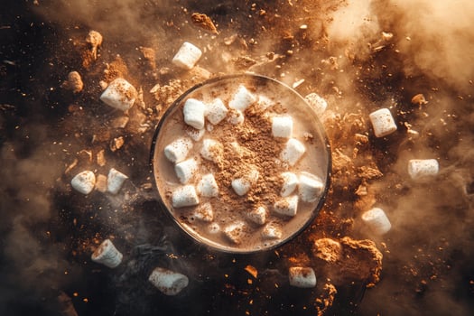 A steaming mug of hot chocolate topped with marshmallows and cocoa powder photo