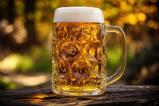 A tall glass mug filled with golden beer and frothy foam, set against a blurred outdoor background photo
