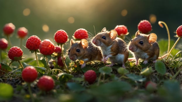 Two mice are standing in front of some berries photo