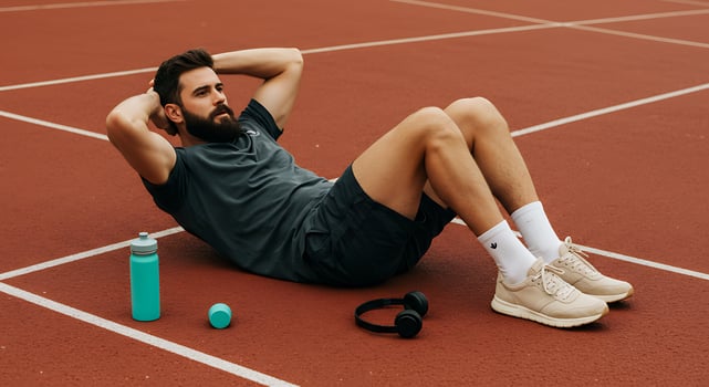 A man with a beard and a beard sitting on the ground with his feet up photo