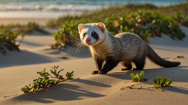 A curious ferret exploring a sandy beach with gentle waves and lush greenery in the background photo