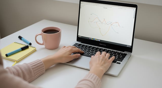 Analyst's Hands Typing on Laptop, Examining Colorful Data Charts on a Clean Desk. photo