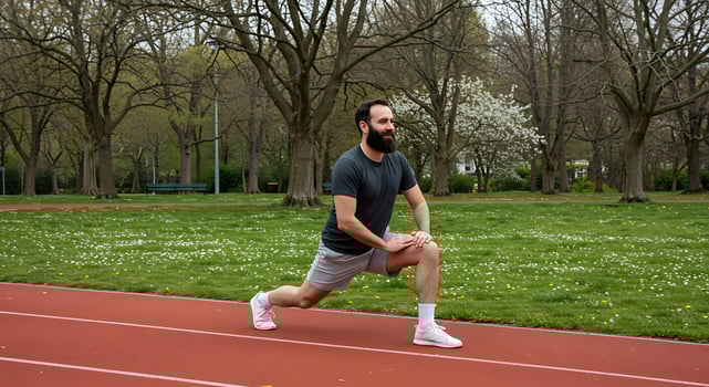 Bearded Athlete's Spring Warm-Up on a Daisy-Lined Running Track photo