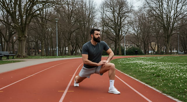 Focused Athlete's Lunge Stretch on a Red Track Amidst Bare Trees photo