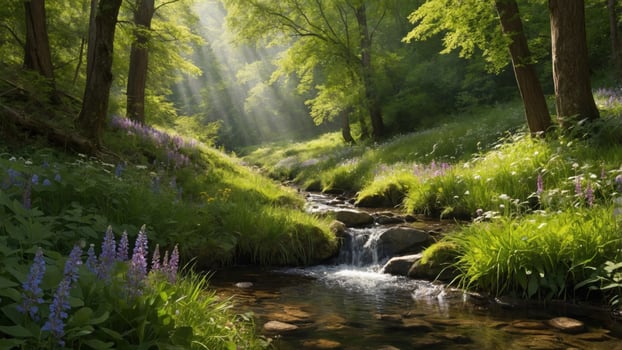 Serene forest stream with sunlight filtering through trees, surrounded by vibrant wildflowers photo
